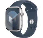 APPLE Watch Series 9 - 45 mm Silver Aluminium Case with Storm Blue Sport Band, S/M, Silver/Grey,Blue