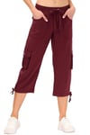 MoFiz Ladies Cropped Trousers Women Casual Work Office Crop Capri Pants 3/4 Length Trousers Outdoor Hiking Pants Multi-Pockets Wine-Red Size 3XL