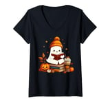 Womens Cute Ghost Reading Book Lovers Halloween Ghost Coffee Cozy V-Neck T-Shirt