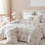 Sedefen Housse de Couette 240x260 Motif du cœur Lilas Blanc Peluche Flanelle Hiver Chaude Duveteuse Parure de lit 2 Personnes + 2 Taies d'oreiller 65x65 Filles Adulte Ado Linge de lit