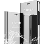 Fodral för Samsung A32 5G, fodral + Flip av härdat glas Klart genomskinlig spegel Stående 360° Stötsäkert skal Smart Cover Bumper Silver Pengar