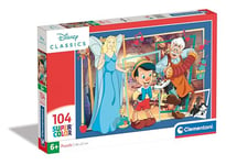 Clementoni Jigsaw Puzzle Disney Pinocchio 104 Pieces - Supercolor Puzzle For Children 6-8 Years, Cartoon, Disney, Gift For Boy/Girls, Puzzle For Kids, Made In Italy, 25756