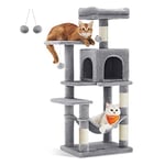 Feandrea Arbre à Chat Hauteur 112 cm, Tour de Jeux pour Chats, avec 4 Poteaux à Griffer, 2 Plateformes, 1 Niche, 1 Hamac, 2 Pompons, en Tissu Peluche, Multi-Niveaux, Gris Clair PCT261W01