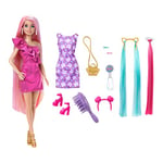 Barbie Doll, Fun & Fancy Hair with Extra-Long Colorful Blonde Hair and Glossy Pink Dress, 10 Hair and Fashion Play Accessories, HKT96