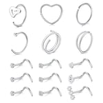 MODRSA 20G Piercing Nez Anneaux Acier Inoxydable Femme Piercing Nez Anneau Coeur Argent Piercing Nez Vis Diamond CZ Nostril Piercing Bijoux 15Pièces