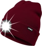 ATNKE LED Bonnet Lampe Frontale,USB Rechargeable Chapeau de Course Ultra Lumineux 4 LED Étanche Lumière Hiver Chaud Phare Cadeaux pour Hommes et Femmes/Wine Red