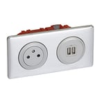 LEGRAND - Prise Electrique Murale + Double Chargeur USB Céliane Surface avec Plaque et Boîte à Encastrer - Prise Affleurante avec Socle Rétractable - Alu