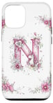 Coque pour iPhone 12/12 Pro Lettre N initiale monogrammée rose florale licorne et fleurs