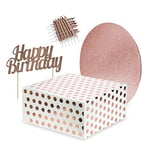 Anniversary House Rose Gold Birthday Cake Decorations, Happy Birthday Cake Topper, 12 Cake Candles, 10-inch Cake Board and Box, AMZ016