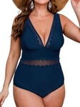 CUPSHE Maillot de bain une pièce grande taille pour femme, col en V, maille festonnée, bretelles réglables, bleu nuit, 3XL plus