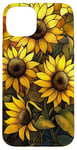 Coque pour iPhone 15 Plus Tournesol jaune chaud avec feuilles vertes luxuriantes