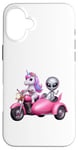 Coque pour iPhone 16 Plus Licorne et extraterrestre OVNI équitation une moto garçons filles femmes