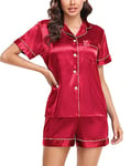 Lovasy Pyjama Satin Femme Short Ensemble Pyjamas Manches Courtes Chemises de Nuit Sexy Chic Ete 2 Pièces Vêtements de Nuit en Soie Boutonnée,Rouge L