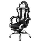 Yaheetech Chaise Gaming Massante Ergonomique Fauteuil Gamer Dossier et Appui-tête Hauteur Réglable avec Repose-Pied Similicuir Charge 136kg Noir Blanc