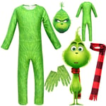 The Grinch Cosplay Kostym Barn Jul Halloween Party Grönt Monster Jumpsuit Mask Scarf Handskar Outfit Xmas Fancy Dress Up Set 12-13 Years