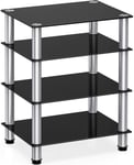 FITUEYES HiFi Rack AV Shelf 4-Tiers Glass TV Stand with Tempered Glass Media Storage Shelves Black for Turntable Record Player DVD Xbox Stand Audio Entertainment Unit Media Cabinet