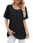 Akiooue Womens Ruffle Flowy Blouse Tunic Tops,Short Sleeve Chiffon Blouse Ladies Long Tops Ladies Blouses Size 14 Ladies Long Length Tops Half Sleeve Tops Women Ladies Black Dressy Tops