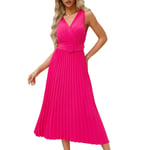 (Rose Red M)Pleated A Line Dress Deep V Neck Long Sleeveless Pleated Midi SLS