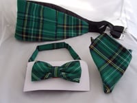 Dd>tartan-green/black Polyester Bow Tie + Cummerbund & Hanky Set>p&p2uk>1st Clas