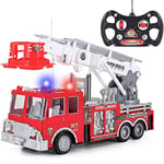 BAKAJI Camion des Pompiers radiocommandé Jouet télécommandé pour Enfants avec télécommande multidirectionnelle sirène lumières Sons et échelle de Pompiers pivotant et Extensible