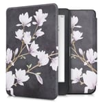 Kwmobile Étui Liseuse Compatible Avec Kobo Clara Hd - Housse Avec Rabat Magnétique En Simili Cuir - Magnolias Taupe-Blanc-Gris Foncé