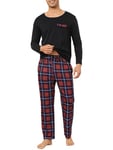 Vlazom Pyjama Homme Hiver Ensemble de Pyjama Col Rond Haut de Pyjama à Manches Longues Pantalon de Pyjama à Carreaux，Bleu Marine，M