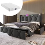 Lit avec tiroirs Lit rembourré double 140 x 200 cm avec 4 tiroirs et chargement USB. sommier à lattes en bois. gris. matelas Inclus