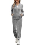 Irevial Survetement Femme Velours Jogging Femme Ensemble Manches Longues Hiver Tenue de Pyjama Sweatshirt Zippé et Pantalon ensemble de pyjama pour l'automne et l'hiver Gris，S