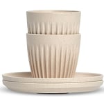 HUSKEE Espresso Cups Set of 2 - Reusable Small Coffee Cups with Unique Fins for Espresso & Macchiato - Insulated Espresso Cups with Saucers Made with Repurposed Coffee Husks - 3 oz., Natural