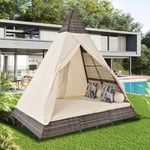 Lit de jardin - tente en rotin pour 2 personnes - avec rideau et coussins - Beige