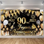 Seutgjie Banderole Joyeux Anniversaire 90 Ans 1935-2025, Décoration Anniversaire 90 Ans Toile de Fond Anniversaire Hommes/Femmes, Bannière Joyeux Anniversaire pour Fête, Or Noir 180 x 110 cm