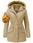 FemiChic Women Winter Coat Waterproof Fleece Lined Jacket Warm Ladies Parka Drawstring Girdle Hooded Thermal Thickened Detachable Faux Fur Mid Length Outdoor Overcoat(Khaki,S)