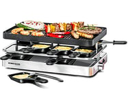 ROMMELSBACHER Raclette Grill RC 1400 - Plaque réversible pour griller et crêpes - 8 poêlons - Revêtement antiadhésif - Interrupteur marche/arrêt - Réglage de la température en continu - Acier