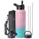 BUZIO 1180ml Water Flask, Insulated Water Bottle with Straw Lids Stainless Steel Canteen Metal Thermo Mug Hydro Cup Jug, Double Vacuum Hot Cold Water Bottles with Carrying Pouch,Bubble Gum