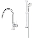 GROHE Robinet de cuisine évier Start, bec haut, rotation bec 360°, robinet & 27598001 Tempesta 100 Ensemble de Douche 2 Jets, Chromé