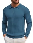 COOFANDY Men's Polo Collar Pullover Long Sleeve Fine Knit Polo Knitted Jumper Basic Plain Men's Jumper Polo Shirt, blue, 3XL