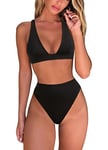 Fatty Tiger Womens High Waisted Thong Bikini Sets Sexy Brazilian Triangle Top Deep V Neck Two Piece Swimsuit Bathing Suits, Black, Small