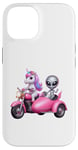 Coque pour iPhone 14 Licorne et extraterrestre OVNI équitation une moto garçons filles femmes