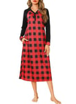 Lovasy Chemise de Nuit Manche Longue Coton pour Femme Vetement de Nuit Grande Taille avec Poches A-Plaid Rouge L