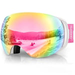 Findway Masque de Ski Magnetique, Lunettes de Ski Femme Homme OTG pour Snowboard et Ski Anti-buée, Anti-UV 400,Rose Interchangeables Lentille Sphérique