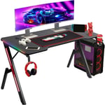 Todeco - Bureau Gaming rgb 140 x 60cm, Grande Bureau Gamer avec Un Plateau en Fibre de Carbone, Ergonomic Bureau avec Tapis de Souris, Porte-gobelet