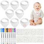 Aolso Bavoirs Bebe triangulaire, 8 Pièces Bavoirs Bebe de Peinture Coton Blanc pour Bébé avec 8 Stylos Textiles de Couleur et 8 Pochoirs de Peinture, Cadeau pour Babyshower Party DIY Idéal