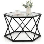 Table Salon Basse avec Plateau en Verre Trempé, Table d'Appoint Hexagonale avec Espace de Rangement Style Moderne pour Salon Bureau,65 x 56 x 40cm,