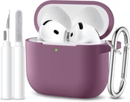 Coque Compatible avec AirPods 4 Case 2024, Étui Protection Antichoc en Silicone Souple pour Apple AirPods 4ème Generation Housse avec kit de Nettoyage et Mousqueton [LED Visible], VioletFumé