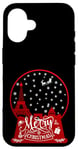 Coque pour iPhone 16 Joyeux Noël Paris horizon dans la boule à neige scintille