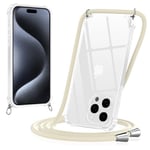 Yoedge Coque pour iPhone 15 Pro avec Cordon 6,1", Transparente Coque Collier Réglable Téléphone Étui Portable Lanyard Housse, Etui avec PC + TPU Bumper Anti-Chute Protection Case, Blanc cassé