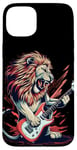 Coque pour iPhone 15 Plus Costume de lion à bascule avec guitare électrique