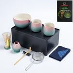 TEANAGOO Kit Matcha + 2 tasses avec boîte de rangement, 12 Pcs Travel Matcha Tea Set, Ceramic Matcha Bowl (18oz), Matcha Cup(7.2oz), Bamboo Whiskisk(百本立), Sifter, WS11, Green Gradient Pink