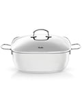 Fissler Secural Cocotte en Acier Inoxydable, Grande Cocotte Rectangulaire (6,5 l – Ø 28 cm) avec Revêtement, avec Couvercle en Verre, Convient pour Four Et Induction, Argentée