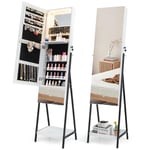 GOPLUS Armoire à Bijoux sur Pied, Armoire à Bijoux Verrouillable avec Lumières LED 3 Couleurs, Miroir Pleine Longueur, Grand Rangement, Étagère Pliable, 166CM Organisateur de Bijoux (Blanc)